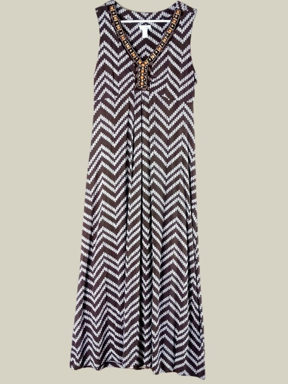 Chicos Beaded Chevron Maxi Dress Sleeveless Womens M Brown Coastal Resort Cruise